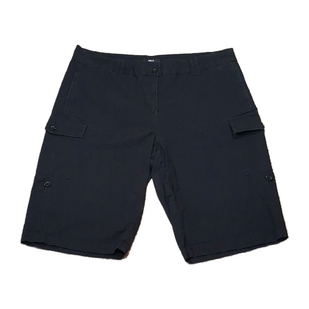 ELLOS WOMENS SIZE 18 BLACK CARGO BERMUDA SHORTS PLUS MID RISE POPLIN CASUAL WORK